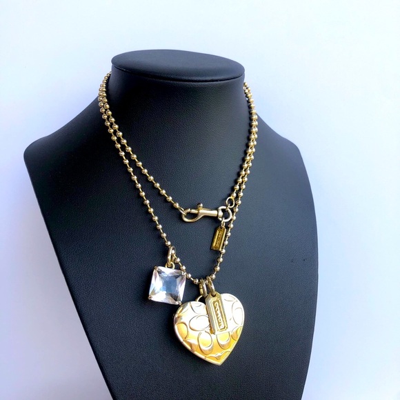 Coach Logo Gold Heart Locket Necklace with Attached Stone - Picture 2 of 8